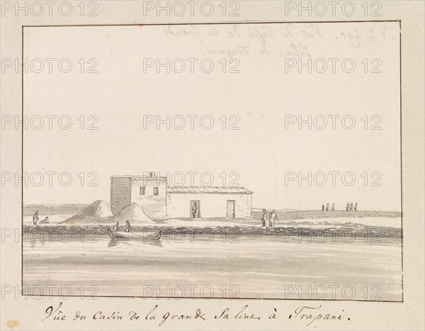 View of salt shack at large salt pan in Trapani, 1778. Creator: Louis Ducros.