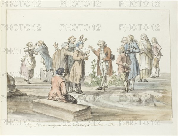 Negotiation between the guide of travel group and mule drivers for journey to Etna, 1778. Creator: Louis Ducros.