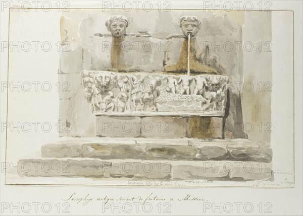 Old sarcophagus used as a fountain in Messina, 1778. Creator: Louis Ducros.