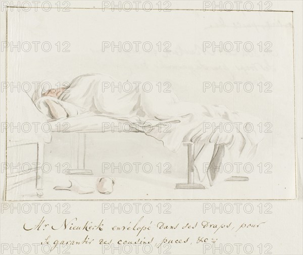 Willem Hendrik van Nieuwerkerke is wrapped in a sheet on his bed..., 1778. Creator: Louis Ducros.