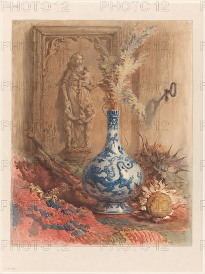 Still life with Chinese vase and dried sunflowers, 1879. Creator: Maria Vos.