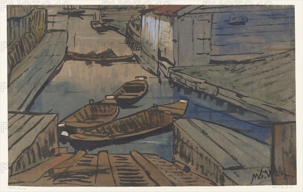 Boats on a canal between buildings, 1867-1935. Creator: Maurits Willem van der Valk.