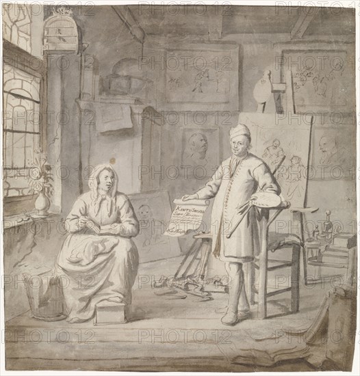 The painter Michiel Comans and his third wife Elisabeth van der Mersche in his studio, 1655-1705.  Creator: Michiel van Musscher.