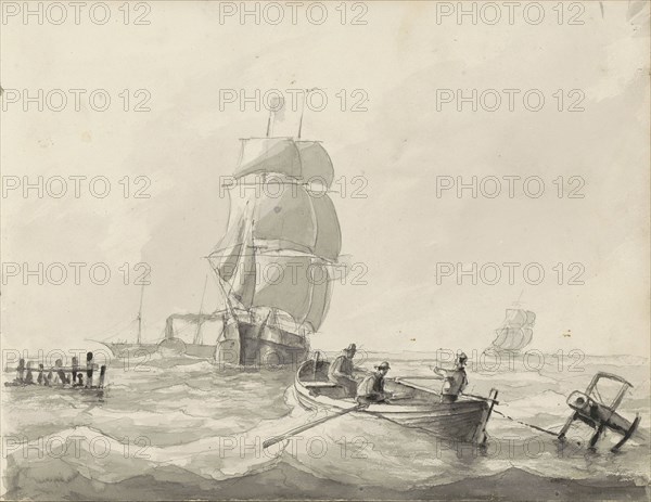 Seascape with sailing ships, a steamship and a rowing boat, c.1825-c.1875. Creator: Circle of Petrus Johannes Schotel.