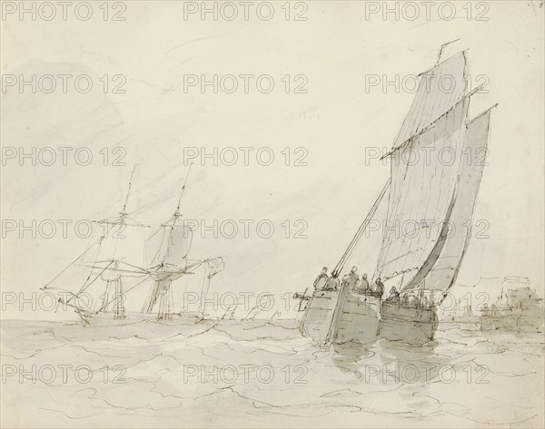 Sailing ships near a port, c.1825-c.1875. Creator: Circle of Petrus Johannes Schotel.