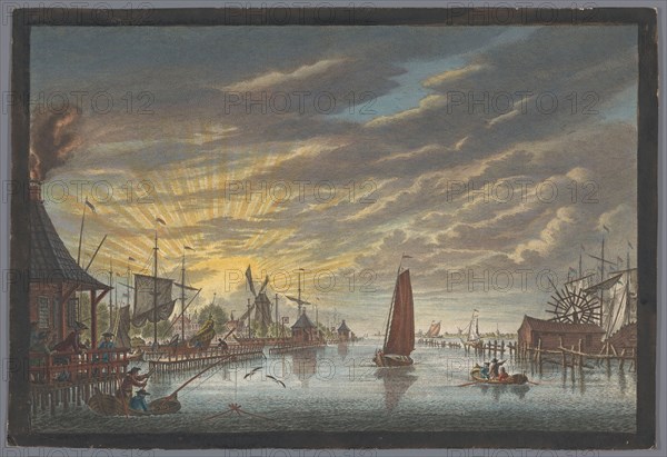 View of the old marina in Amsterdam, seen towards the Bolwerk Leeuwenburg or Blauwhoofd, 1753-1799. Creator: Simon Fokke.