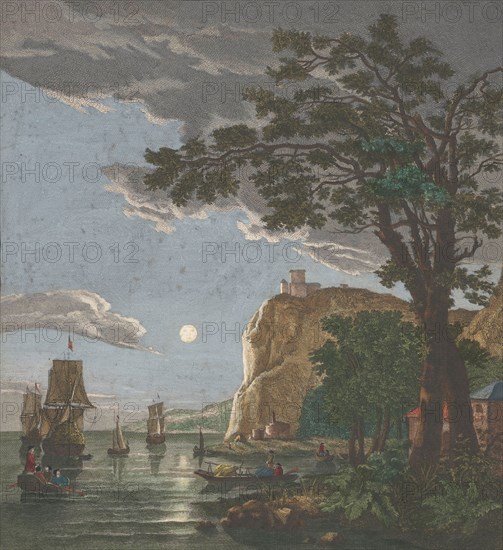 View off the coast with ships and boats on the water in moonlight, 1753-1797. Creators: Pierre François Basan   , Pierre Fouquet, Pierre Jacques Duret.