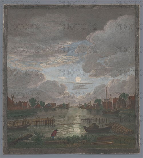 View of a canal in the vicinity of the city of Haarlem in Moonlight, 1753-1797. Creators: Pierre François Basan   , Pierre Fouquet, Thomas Major.