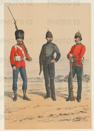 Three British soldiers, 1875-1925. Creator: Richard Simkin.