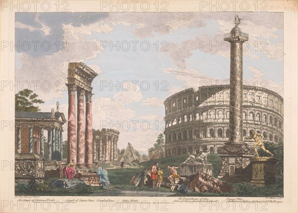 View of the ruins of the temple of Jupiter Stator, the amphitheater of Statilius Taurus..., 1753. Creator: John Miller.