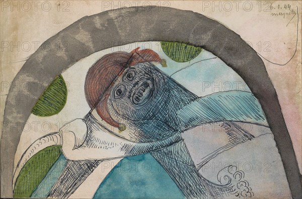Anthropomorphic figure with a harlequin hat under an arc, 1944. Creator: Samuel Jessurun de Mesquita.