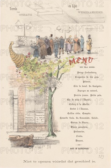 Menu card for the Leidsche Spaarbank, 1889 or earlier.  Creator: Theo van Hoytema.