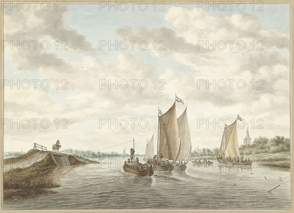 River landscape with various barges, 1741-1820. Creator: Abraham Delfos.