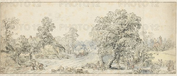 Landscape with walkers, a shepherd and many other figures, 1600-1699. Creator: Anon.