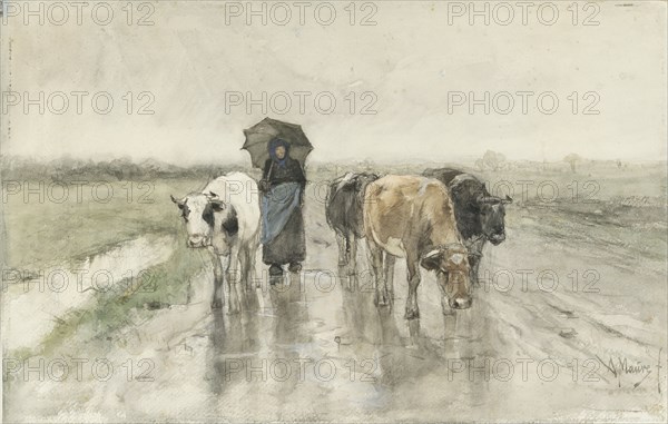 A Herdess with Cows on a Country Road in the Rain, 1848-1888. Creator: Anton Mauve.