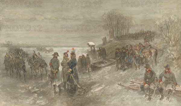French troops cross a frozen river, 1888. Creator: Charles Rochussen.