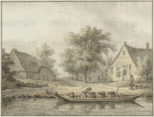 Landscape with a moored barge with barrels, 1756-1826. Creator: Cornelis Buys.