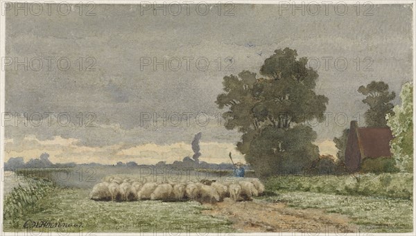 Landscape with herd of sheep, 1857-1884. Creator: Cornelis Willem Hoevenaar.