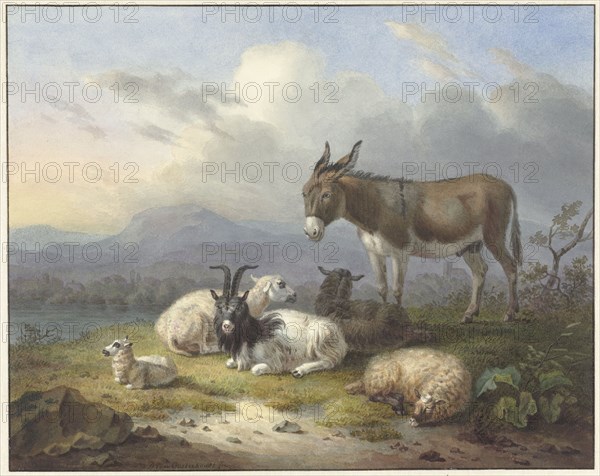Landscape with donkey, goat and sheep, 1791-1850. Creator: Dirk van Oosterhoudt.