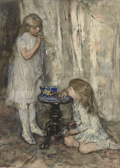 Two Girls Blowing Bubbles, c.1880. Creator: Jacob Henricus Maris.