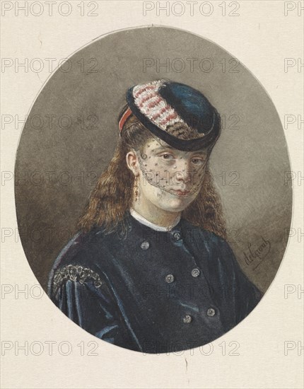 Portrait of a young woman in a veiled hat, 1838-1899. Creator: Joseph de Groot.