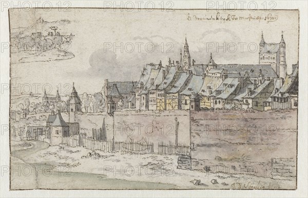 View of the Walls of Maastricht with the Onze-Lieve-Vrouwekerk in the background, 1670. Creator: Josua de Grave.