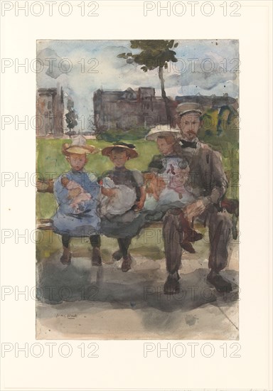 A Man with Three Girls on a Bench in the Oosterpark in Amsterdam, c.1886-c.1904. Creator: Isaac Lazerus Israels.