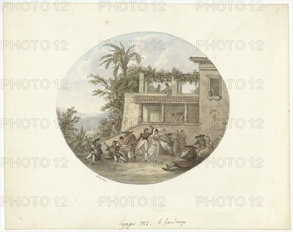 Dancers on a terrace in front of an inn, 1812. Creator: Otto Baron Howen.