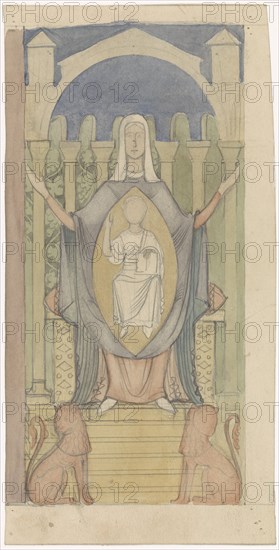 Mary with Christ child, sitting on the throne of Solomon, c. 1869-c. 1925. Creator: Antoon Derkinderen.