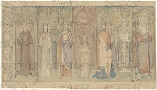 Design for the Tweede Bossche Wand: seven standing saints., c. 1869-c. 1925. Creator: Antoon Derkinderen.