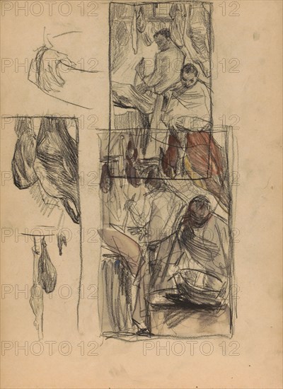 Figures in a butcher shop, 1887. Creator: Marius Bauer.