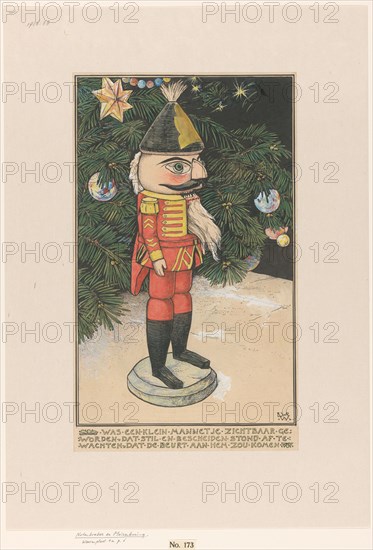 Nutcracker in hussar's uniform in front of a Christmas tree, 1898. Creator: Willem Wenckebach.