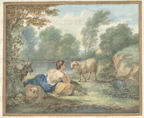 Shepherd with sheep in a landscape with a lake, 1781. Creator: Aert Schouman.