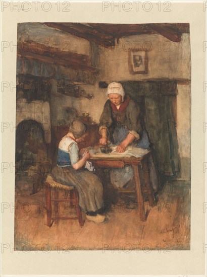 Interior with woman ironing and a child sewing, 1854-1914. Creator: Albert Neuhuys.