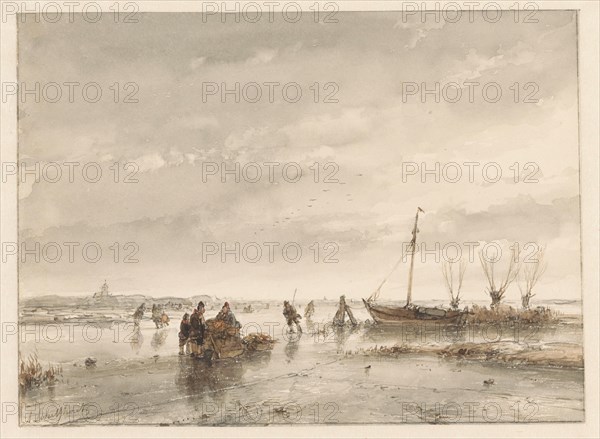 Winter landscape with frozen lake, 1797-1870. Creator: Andreas Schelfhout.