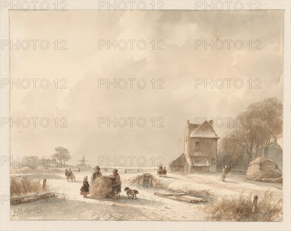 Winter landscape with sleigh and iceskaters, 1797-1870. Creator: Andreas Schelfhout.