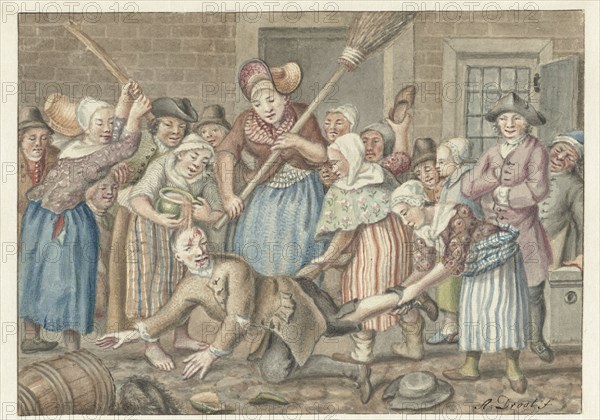 A man who had beaten his wife is punished by a group of women in the Vinkestraat in Amsterdam, 1768. Creator: Anthonie Drost.