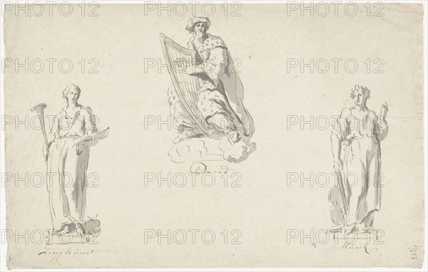 Three designs for organ decoration: Singing, King David and Music, 1741-1801. Creator: Anthony Ziesenis.
