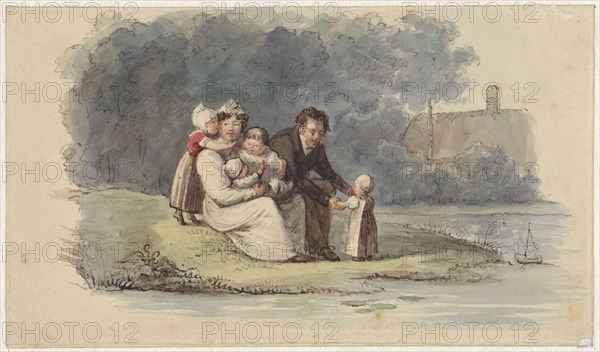 Family sitting on the water, 1828. Creator: Christiaan Julius Lodewijk Portman.