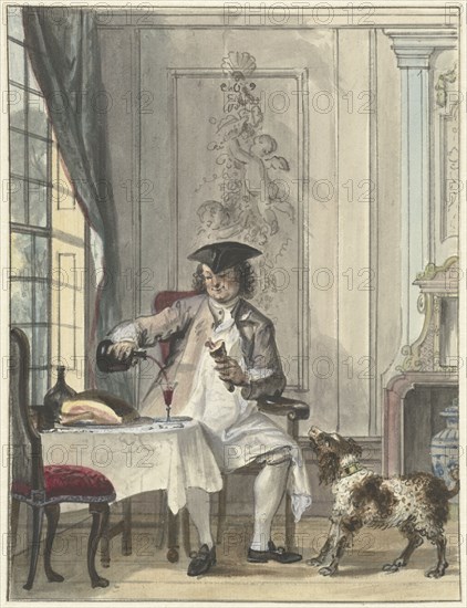 Man dining with a glass of wine and a joint of meat, 1706-1750. Creator: Cornelis Troost.