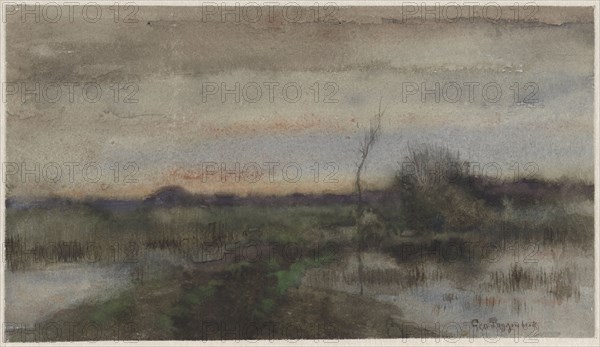 Swamp landscape with sunset, 1863-1903. Creator: George Poggenbeek.