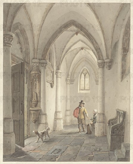 Church interior with man giving alms to a beggar, 1817-1879. Creator: George Gillis Haanen.