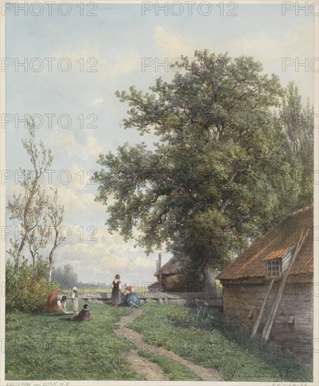 Farmyard with some figures, a shed and large tree on the right, 1839-1904. Creator: Hendrik Dirk Kruseman van Elten.