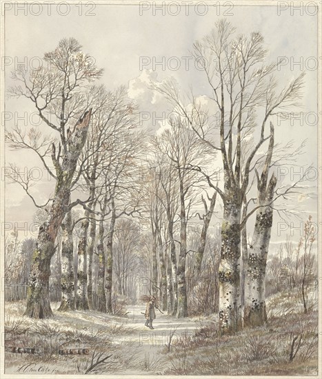 Winter landscape with firewood gatherer on forest path, 1813-1856. Creator: Hendrik Gerrit ten Cate.