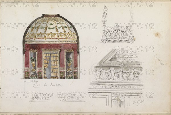 Interior with cupola, a coffered ceiling in Berlin and decorations for a cornice, 1862-1867. Creator: Isaac Gosschalk.