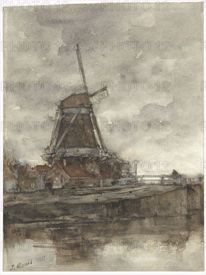 Mill and the bridge at the North-West-Buitensingel in The Hague, 1877. Creator: Jacob Henricus Maris.