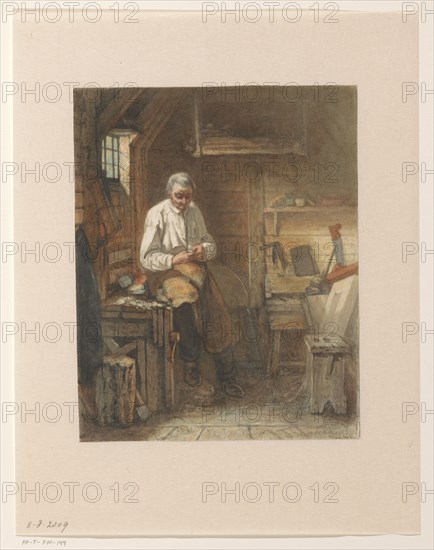 Carpenter sitting on a planer in his workshop, 1861. Creator: Jacob Taanman.