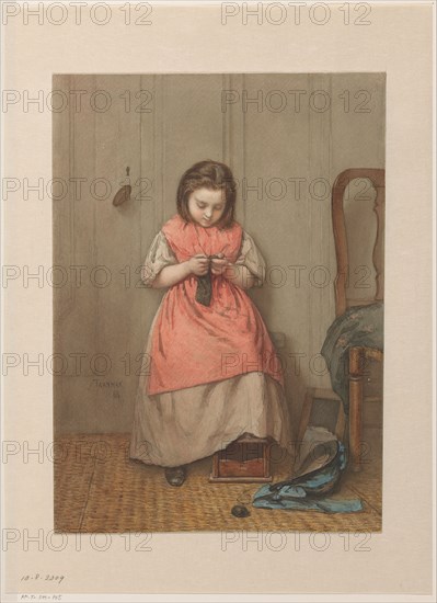 Interior with knitting girl, 1868. Creator: Jacob Taanman.