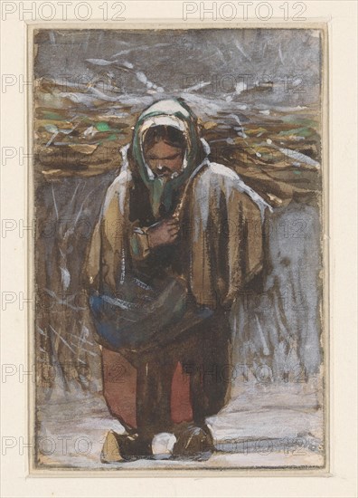 Farmer's wife carrying firewood in winter landscape, 1832-1880. Creator: Jan Weissenbruch.