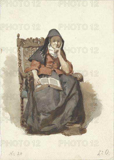 Seated pensive woman with book, 1836-1915. Creator: Johannes Eugel Masurel.